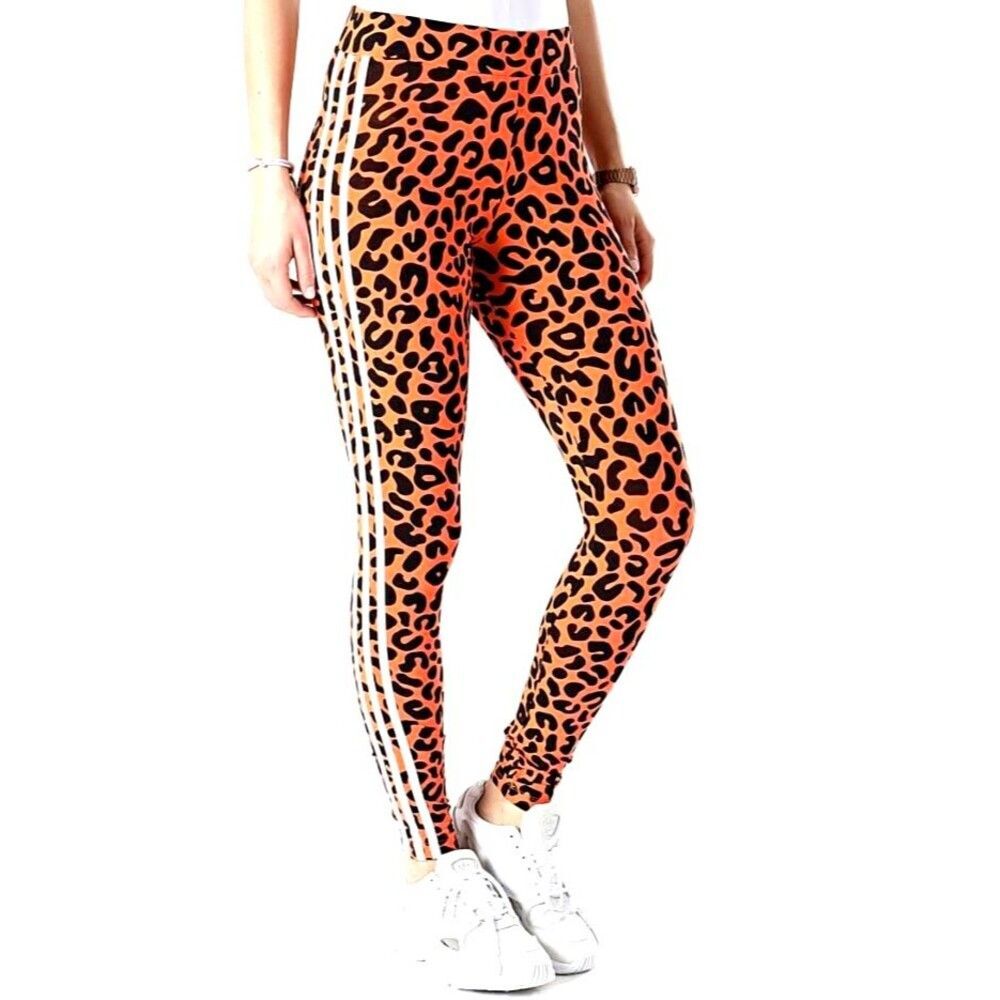 Adidas 3 Stripe Trefoil Cheetah Tights Women's XS  True Orange Black White
